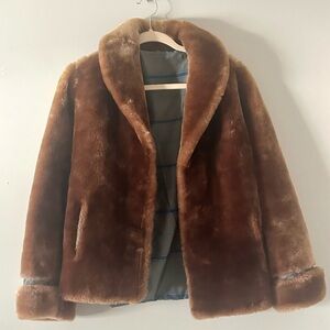 Vintage Brown Faux Fur Coat Womens OS Plush Jacket Classic Winter Outerwear